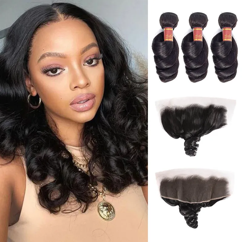{12A 3Pcs Frontal} Loose Wave 3 Bundles Hair With Lace Frontal Closure Human Virgin Hair Extensions