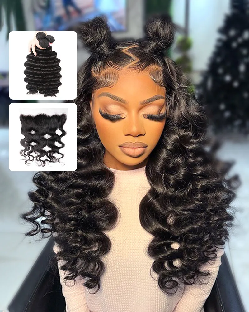 {12A 3Pcs Frontal} Loose Wave 3 Bundles Hair With Lace Frontal Closure Human Virgin Hair Extensions