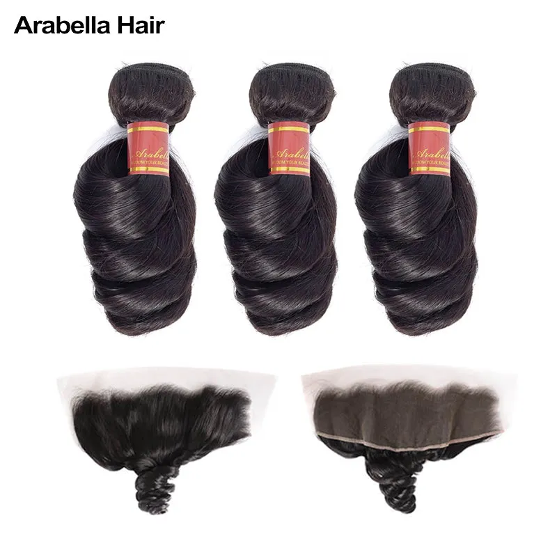 {12A 3Pcs Frontal} Loose Wave 3 Bundles Hair With Lace Frontal Closure Human Virgin Hair Extensions