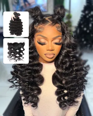 {12A 3Pcs Frontal} Loose Wave 3 Bundles Hair With Lace Frontal Closure Human Virgin Hair Extensions