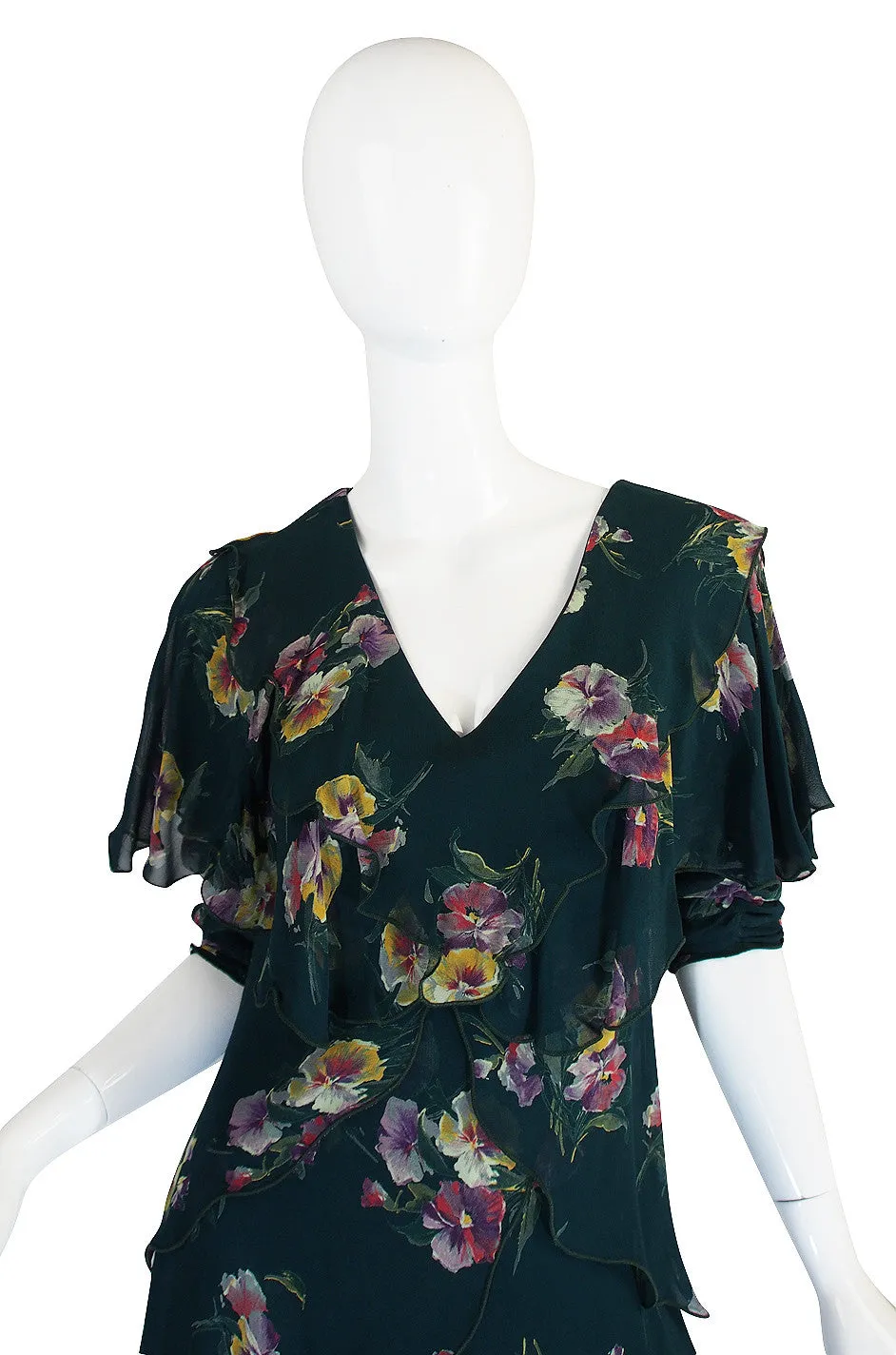 1970s Holly Harp Green Silk Tiered Dress