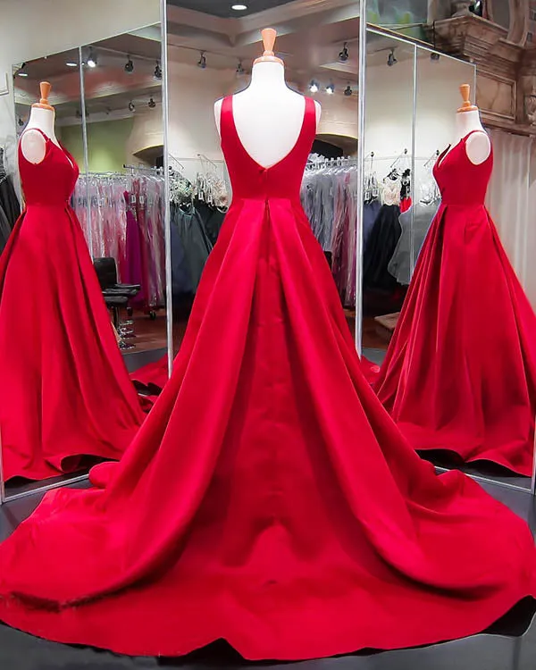 2018 Popular Red Satin Prom Dresses V-Neckline Pageant Dress Long Prom Gowns Evening Dresses