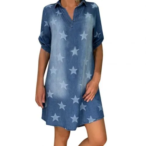 2020 New Summer Woman S=3XL Short Sleeve Dress Stars Print Irregular Hem Knee-length Denim Dresses Party Club Beach Street Work