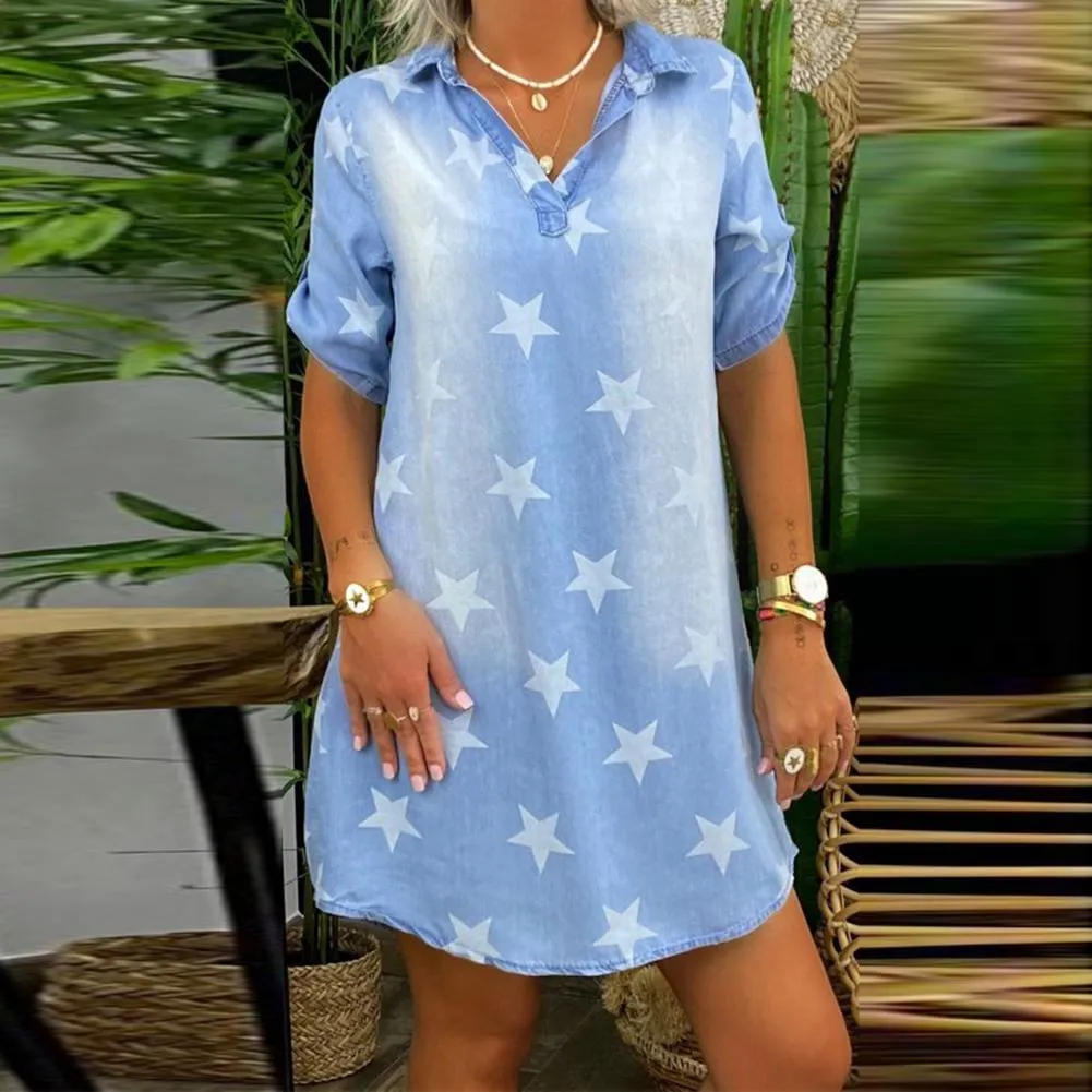 2020 New Summer Woman S=3XL Short Sleeve Dress Stars Print Irregular Hem Knee-length Denim Dresses Party Club Beach Street Work
