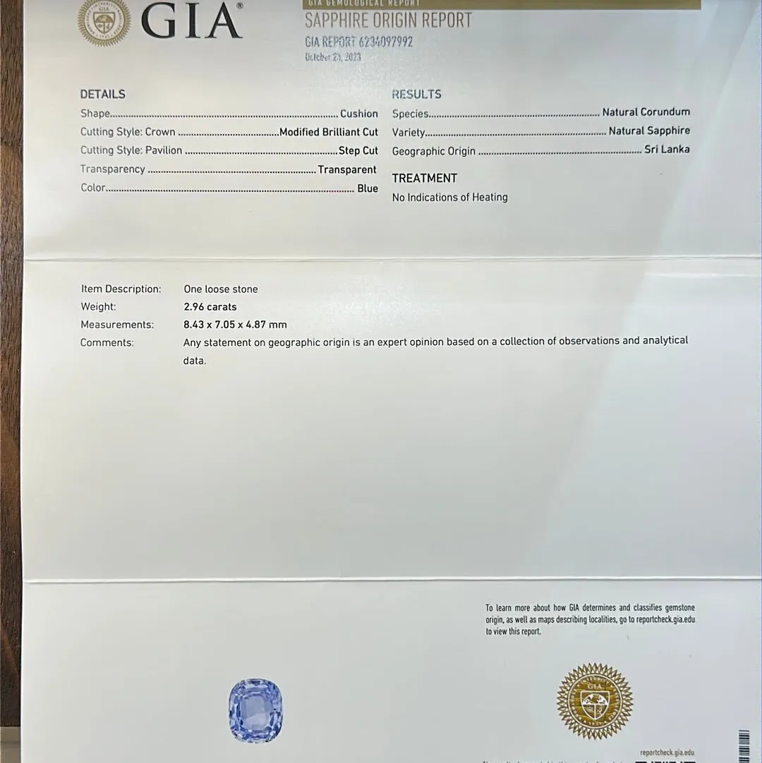 2.96 CT CUSHION BLUE SAPPHIRE GIA
