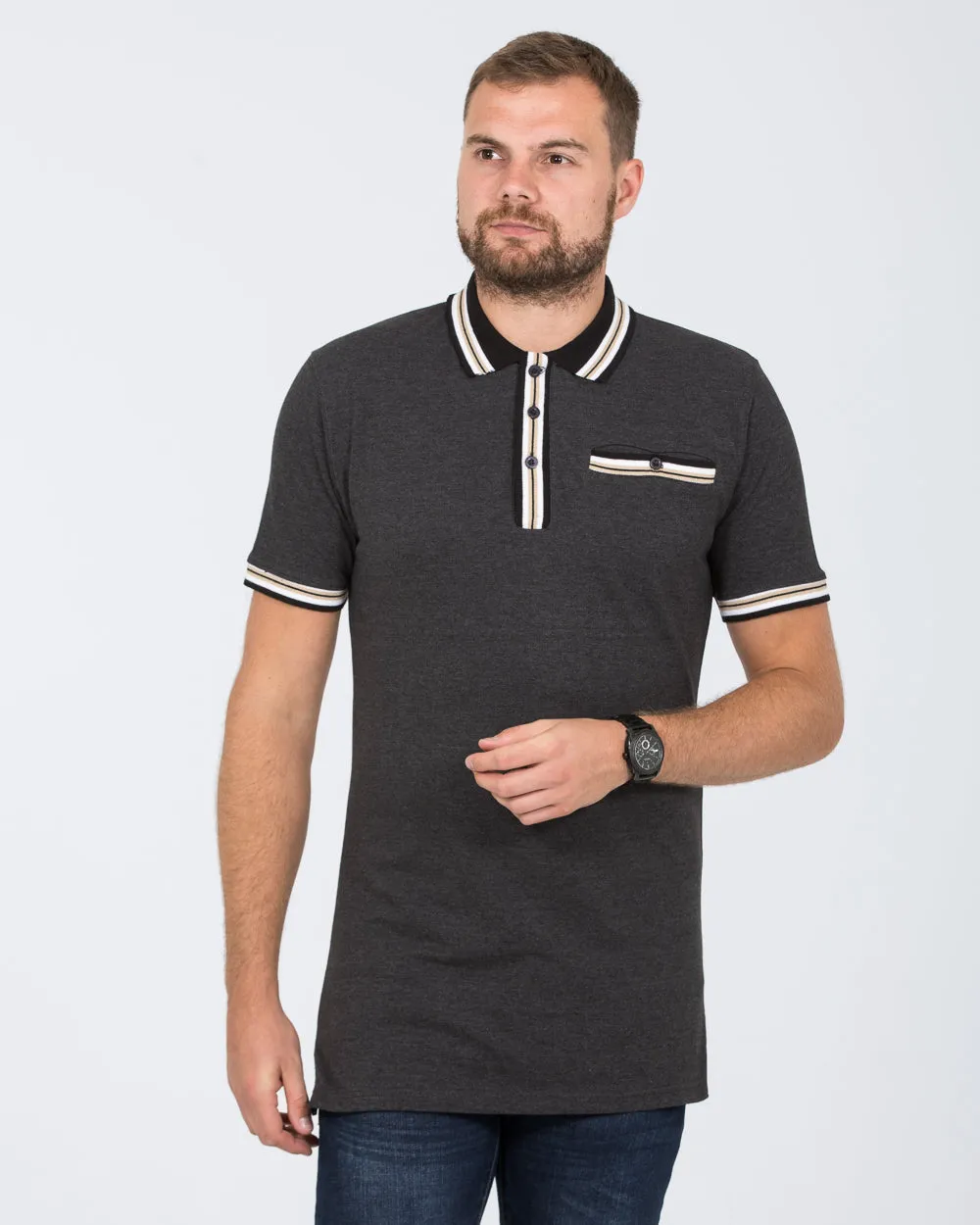 2t Slim Fit Pique Tipped Polo Shirt (charcoal)