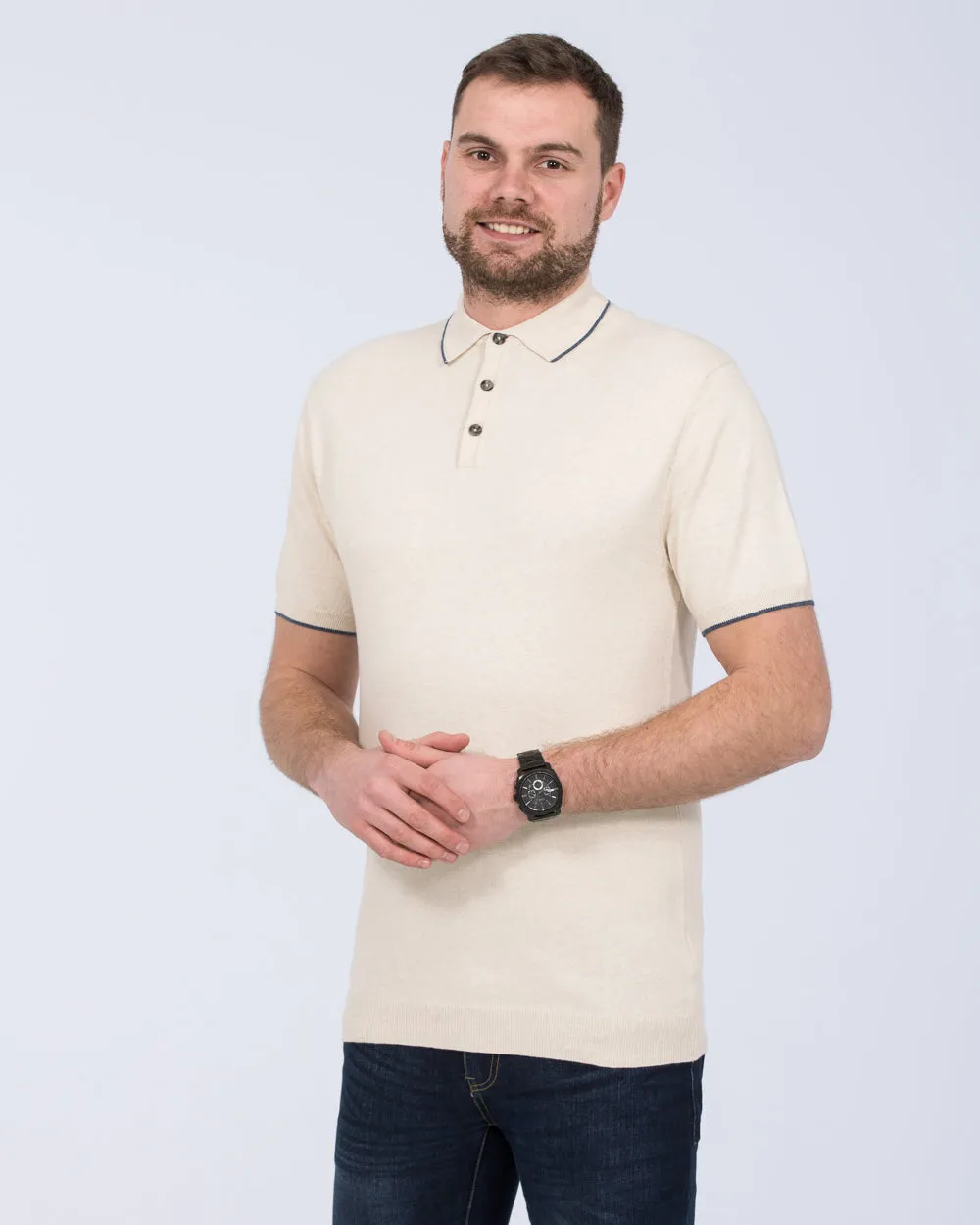 2t Slim Fit Tall Cotton Knitted Polo Shirt (stone)