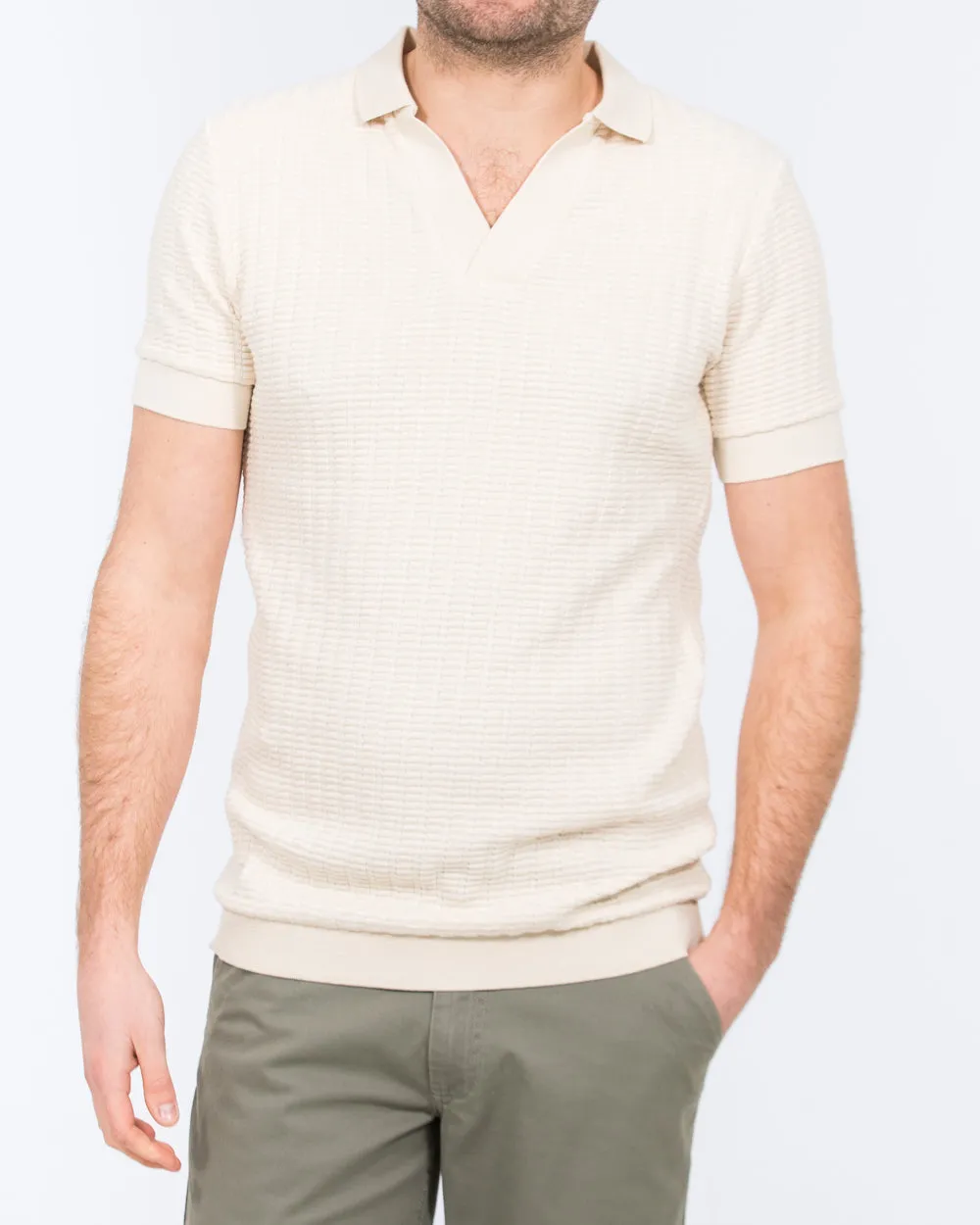 2t Vincent Tall Jacquard Open Collar Polo Shirt (cream)