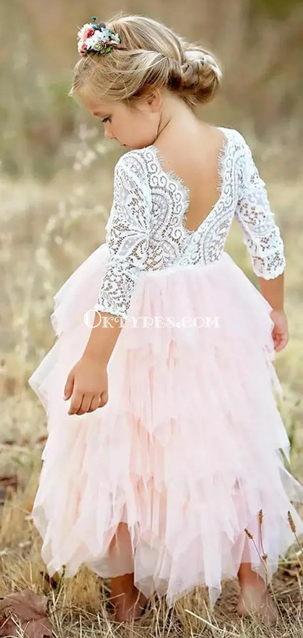 A-Line Scoop Tea-Length 3/4 Sleeves Pink Flower Girl Dresses with Lace Ruffles, TYP1027