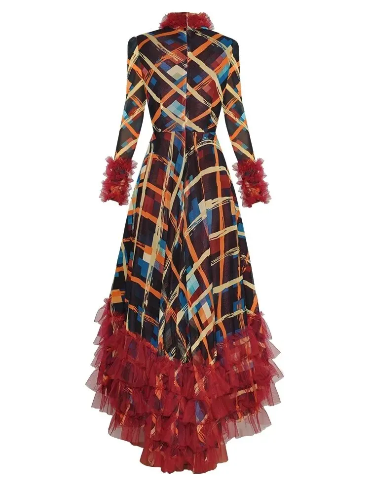 Aliza Stand Collar Long Sleeve Plaid Print Mesh Ruffle Elegant Party Asymmetrical Dress