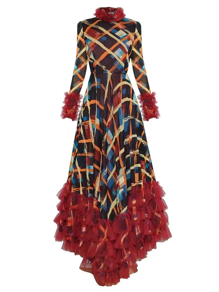 Aliza Stand Collar Long Sleeve Plaid Print Mesh Ruffle Elegant Party Asymmetrical Dress