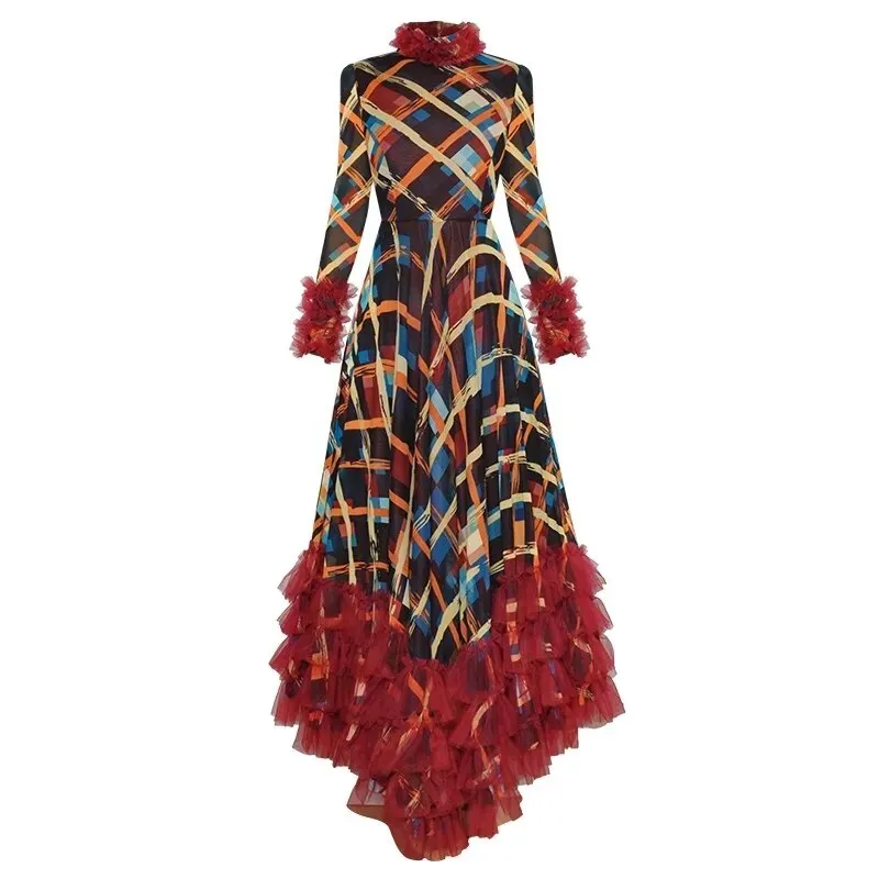 Aliza Stand Collar Long Sleeve Plaid Print Mesh Ruffle Elegant Party Asymmetrical Dress