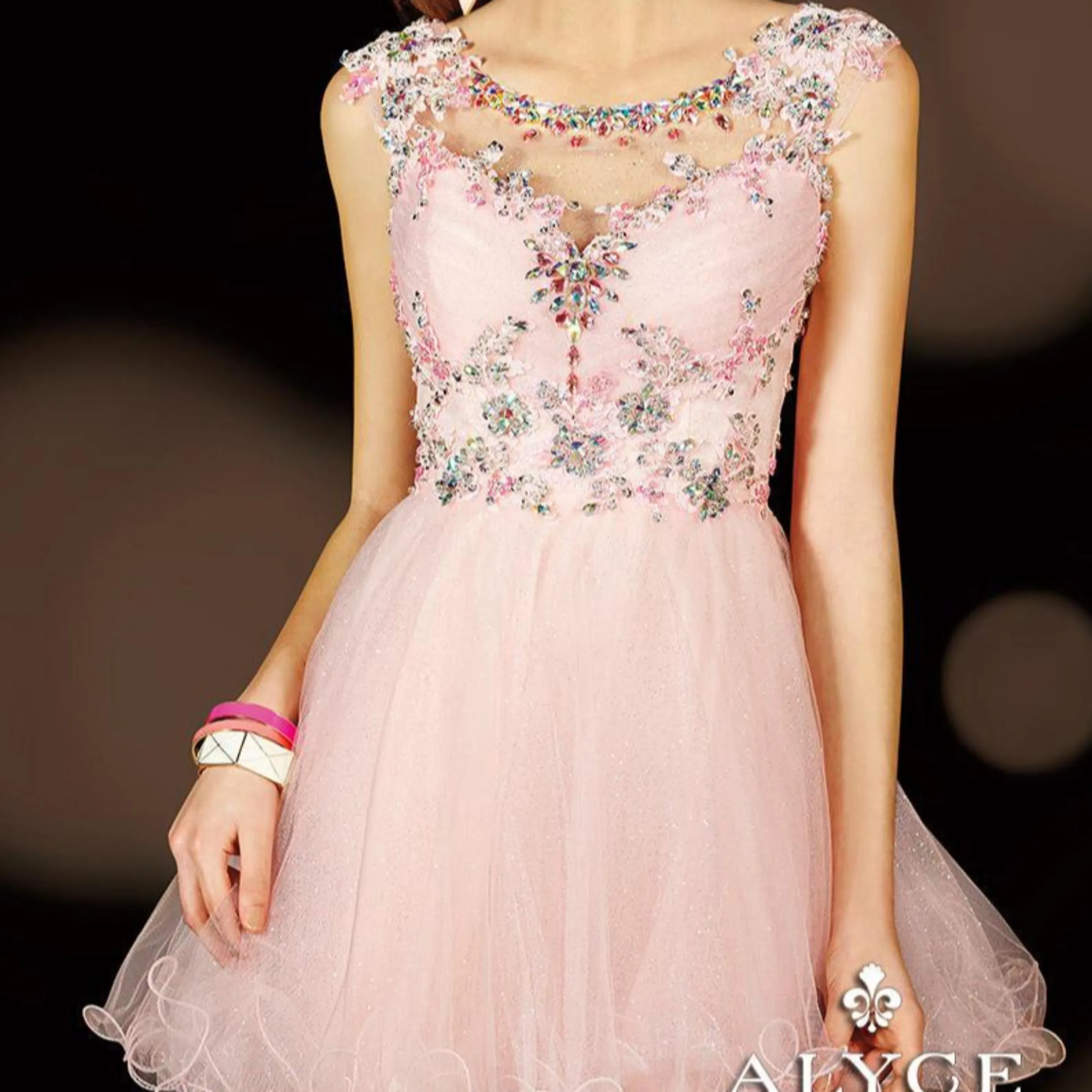 ALYCE PARIS Light Pink Embellished Lace Tulle Short Dress Size 0