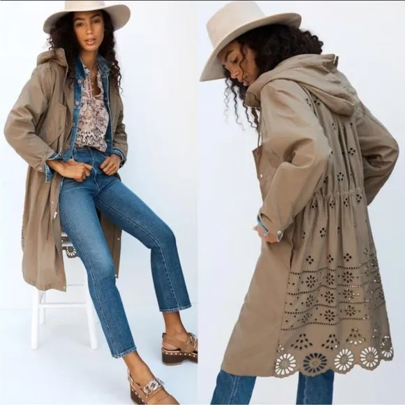 Anthropologie Othilia Harriet Emroidered Utility Long Anorak Coat Green‎ Women's