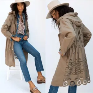 Anthropologie Othilia Harriet Emroidered Utility Long Anorak Coat Green‎ Women's