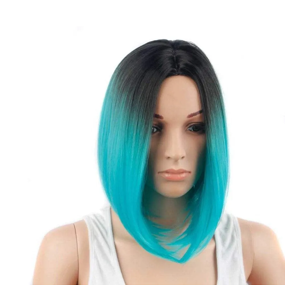 Aqua blue on black ombre 14" | trendy wigs | synthetic top quality heat resistant fiber | human hair look and feel | best seller