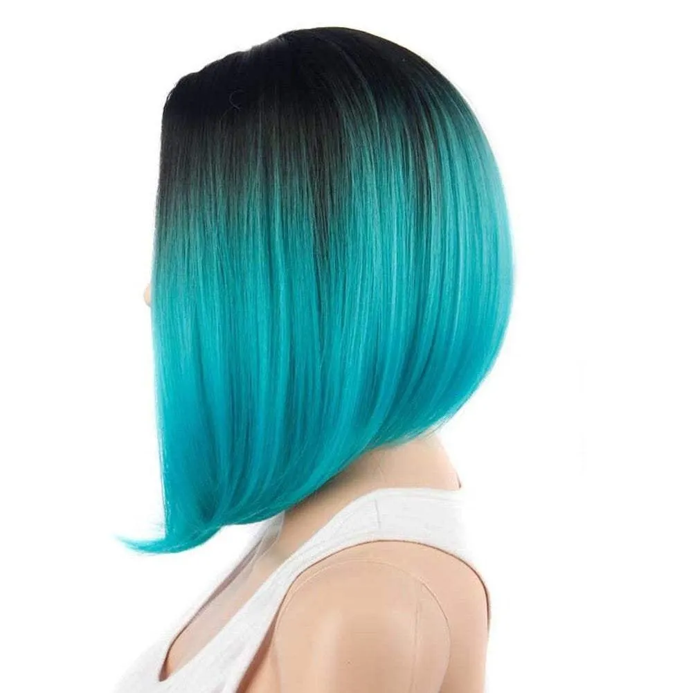 Aqua blue on black ombre 14" | trendy wigs | synthetic top quality heat resistant fiber | human hair look and feel | best seller