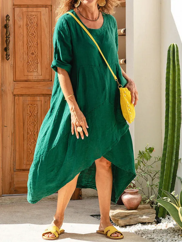 Asymmetrical Hem Cotton Linen Dress with Three-Quarter Sleeves
