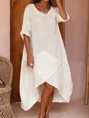 Asymmetrical Hem Cotton Linen Dress with Three-Quarter Sleeves