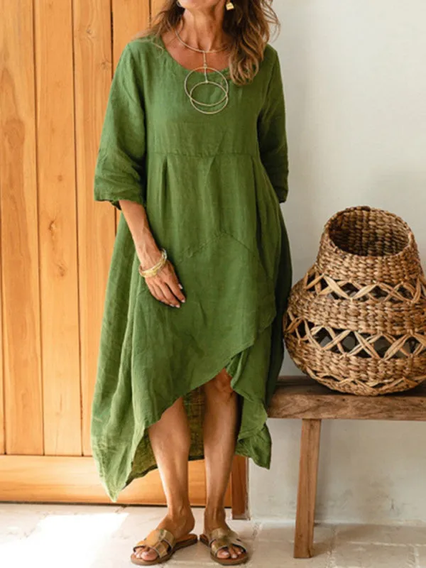 Asymmetrical Hem Cotton Linen Dress with Three-Quarter Sleeves