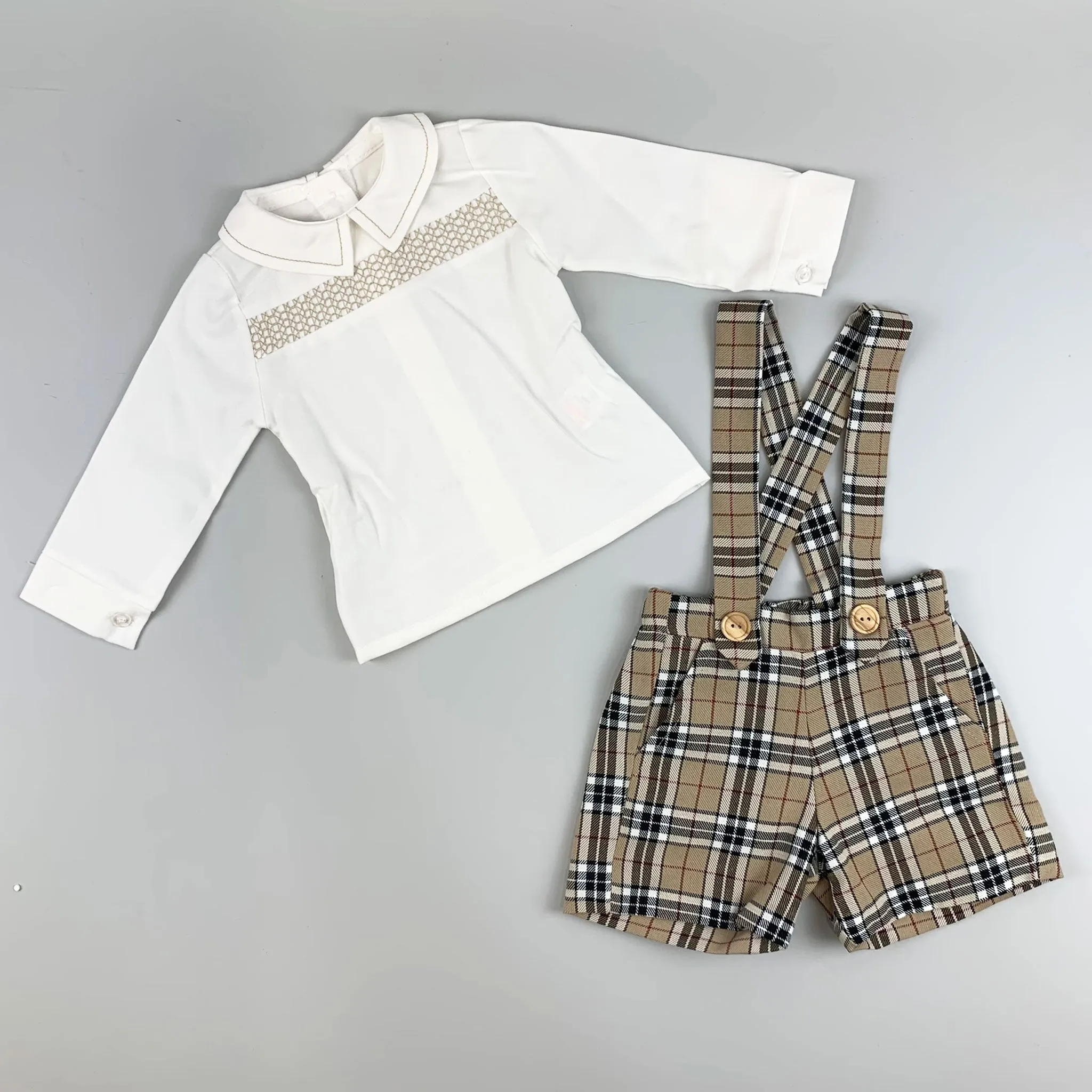 Baby Boys Beige Tartan Two Piece Outfit- Shirt and Short with Braces Set