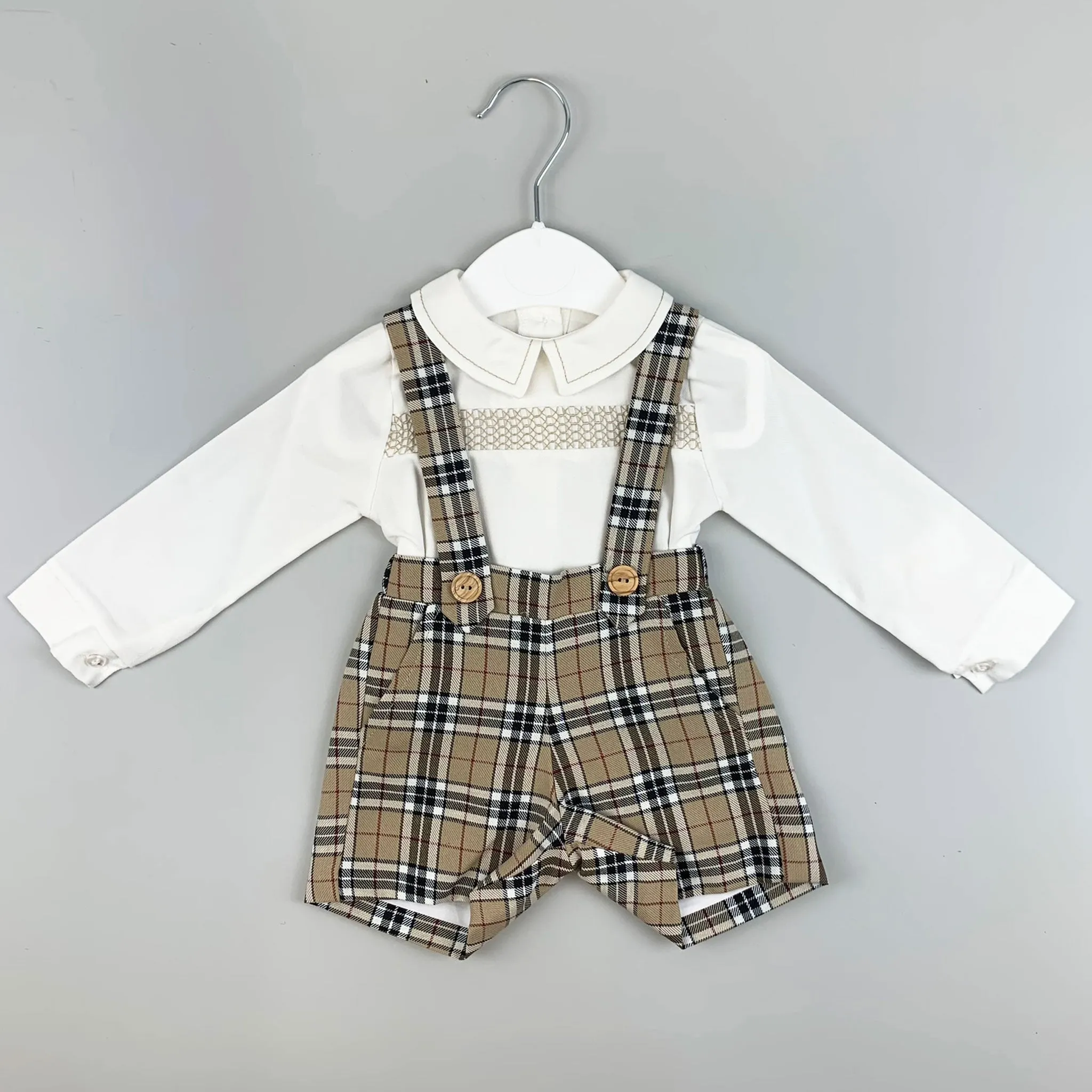 Baby Boys Beige Tartan Two Piece Outfit- Shirt and Short with Braces Set