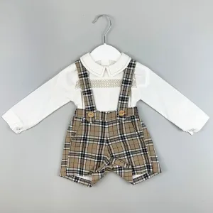 Baby Boys Beige Tartan Two Piece Outfit- Shirt and Short with Braces Set