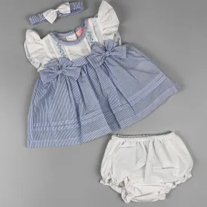 Baby Girl Summer Dress Set – White Bodice, Blue Striped Skirt & Matching Accessories