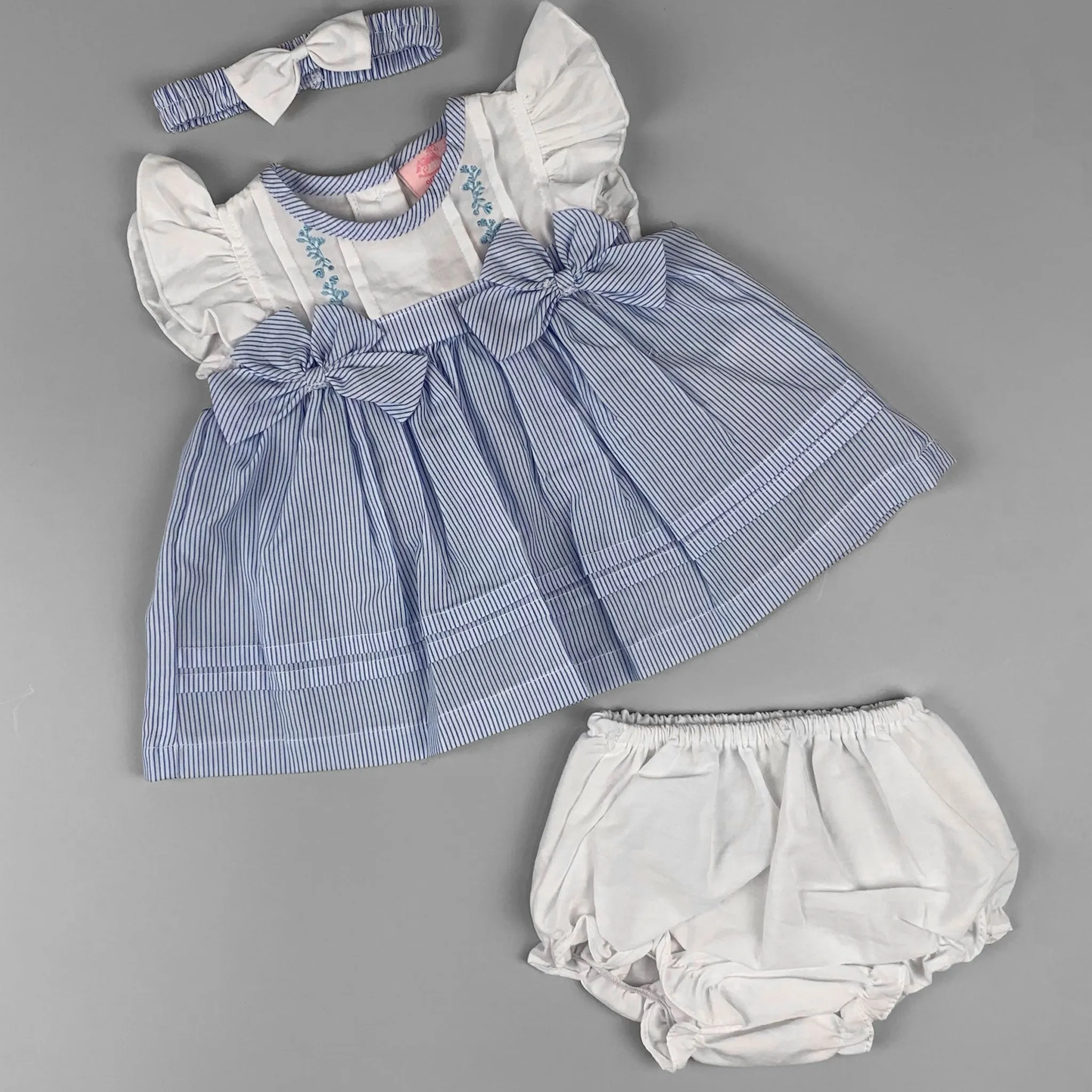 Baby Girl Summer Dress Set – White Bodice, Blue Striped Skirt & Matching Accessories