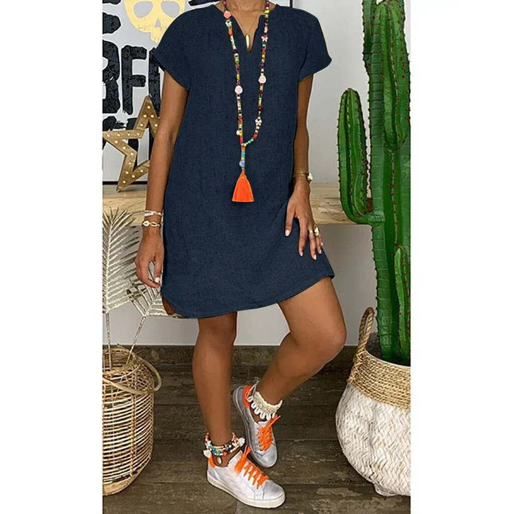Bethany - Basic loose-fitting V-neck dress in plain cotton linen