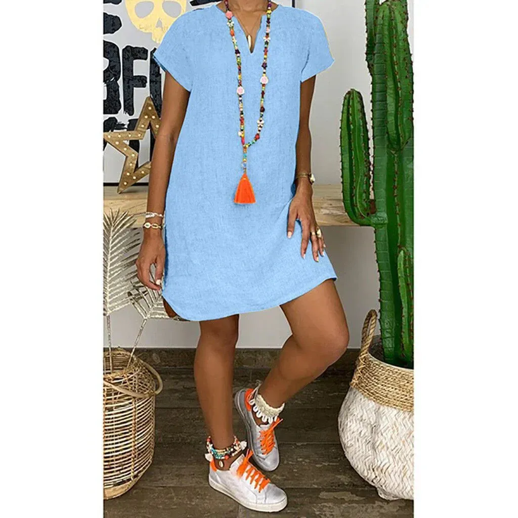 Bethany - Basic loose-fitting V-neck dress in plain cotton linen