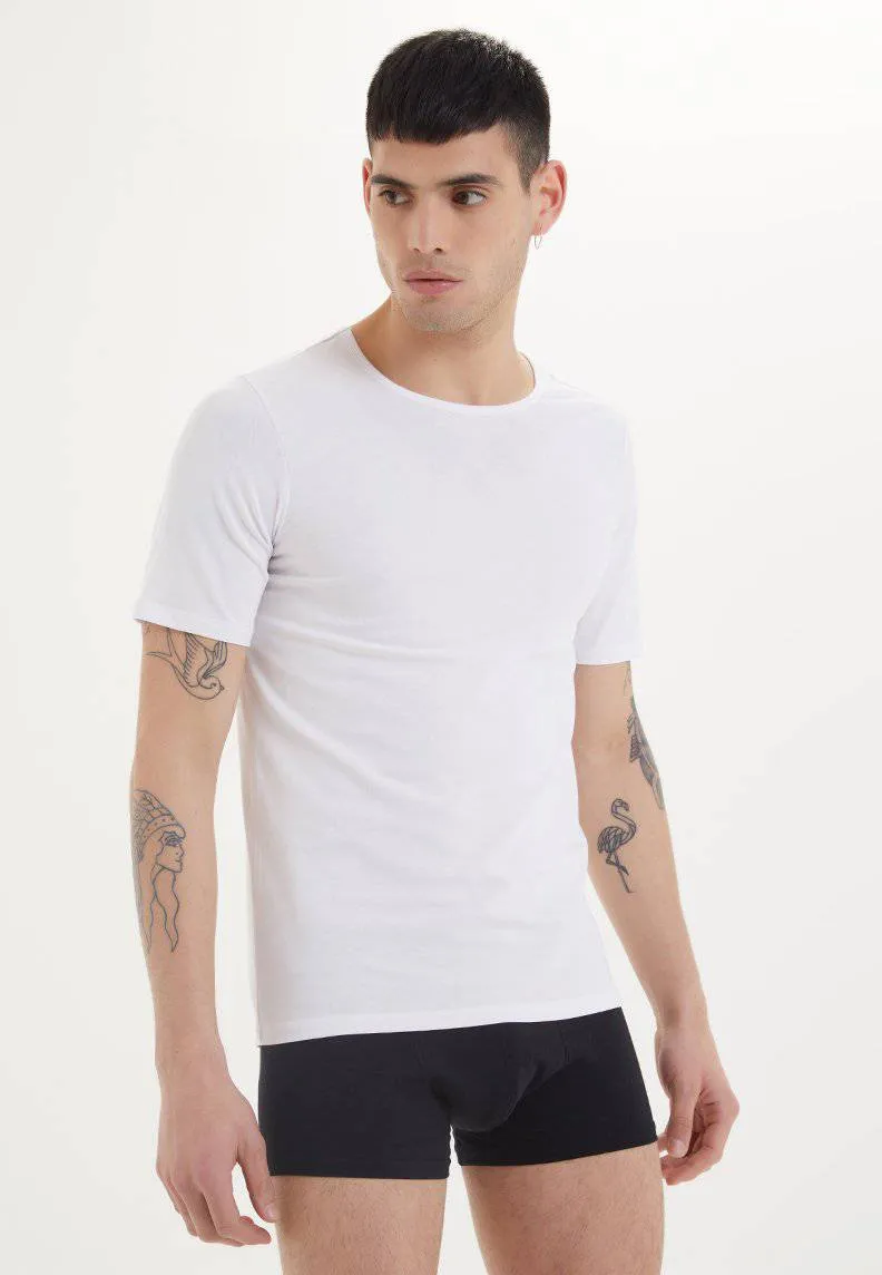 Beyaz Bisiklet Yaka Pamuk Likra Karışımı Slim Fit Kısa Kollu Erkek Atlet SHIRTS