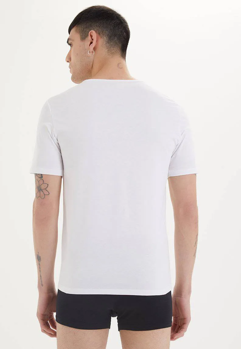 Beyaz Bisiklet Yaka Pamuk Likra Karışımı Slim Fit Kısa Kollu Erkek Atlet SHIRTS