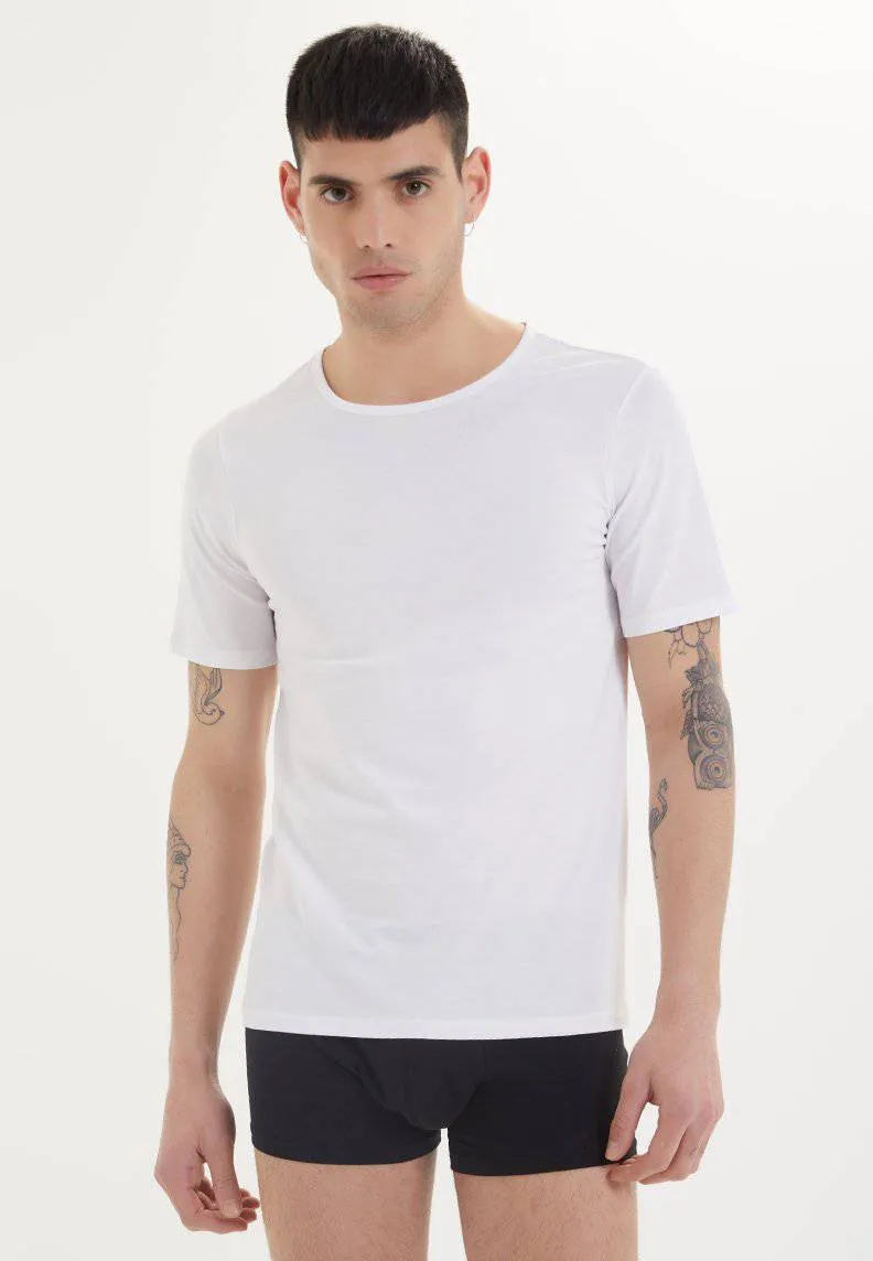 Beyaz Bisiklet Yaka Pamuk Likra Karışımı Slim Fit Kısa Kollu Erkek Atlet SHIRTS