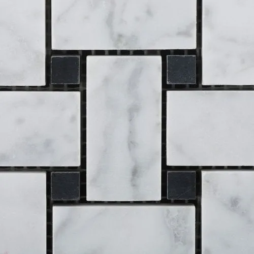 Bianco White Carrara Marble Basketweave with Black Dot POLISHED Mosaic Tile on 12x12 Sheet - Box of 5 sqf