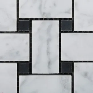 Bianco White Carrara Marble Basketweave with Black Dot POLISHED Mosaic Tile on 12x12 Sheet - Box of 5 sqf