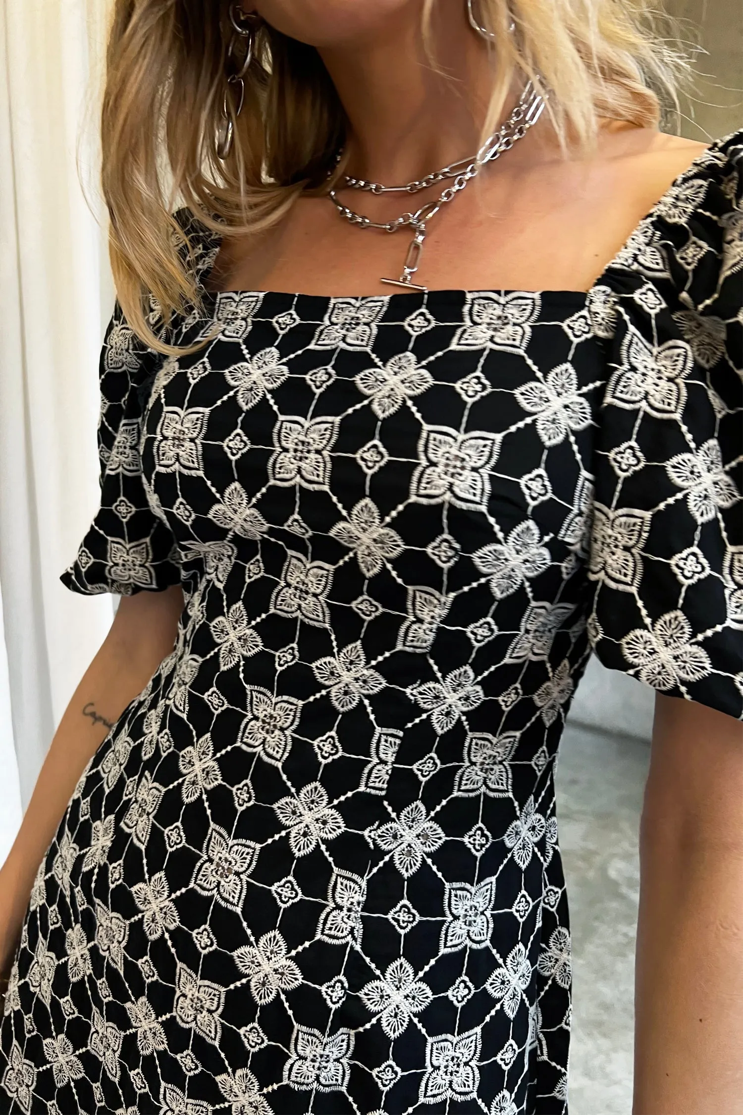 Black Broderie Bardot Mini Dress