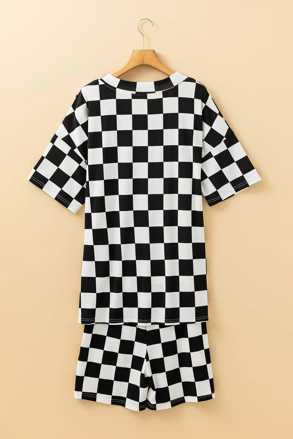 Black Checkerboard Print V Neck Loose Tee and Shorts Lounge Set