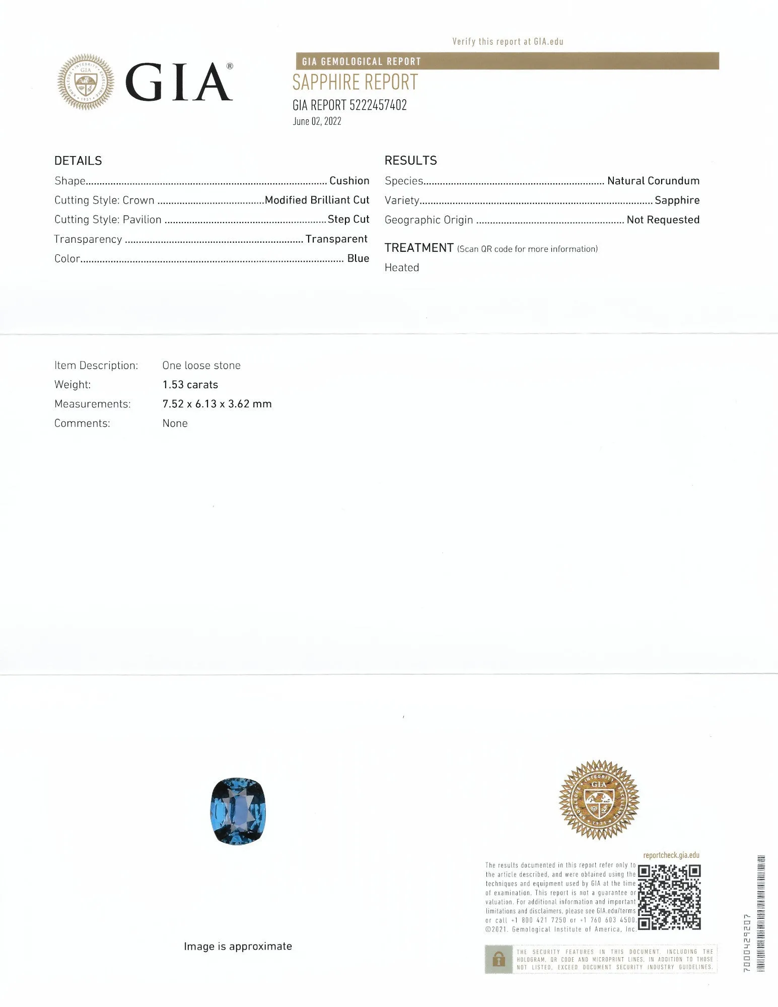 Blue Ceylon Sapphire, GIA Lab Report, 1.54, Cushion Cut, September Birthstone