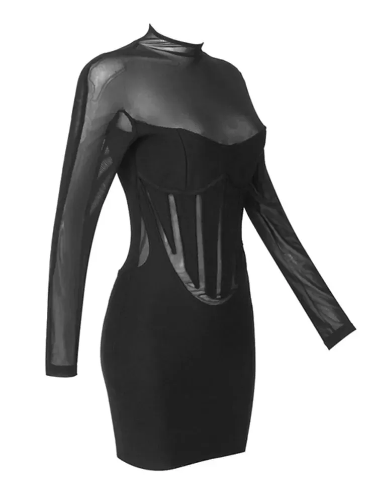 Boutique Fashion Women's Sexy Turtleneck Long Sleeve Mesh Black Mini Bodycon Bandage Dress Elegant Evening Club Party Dress