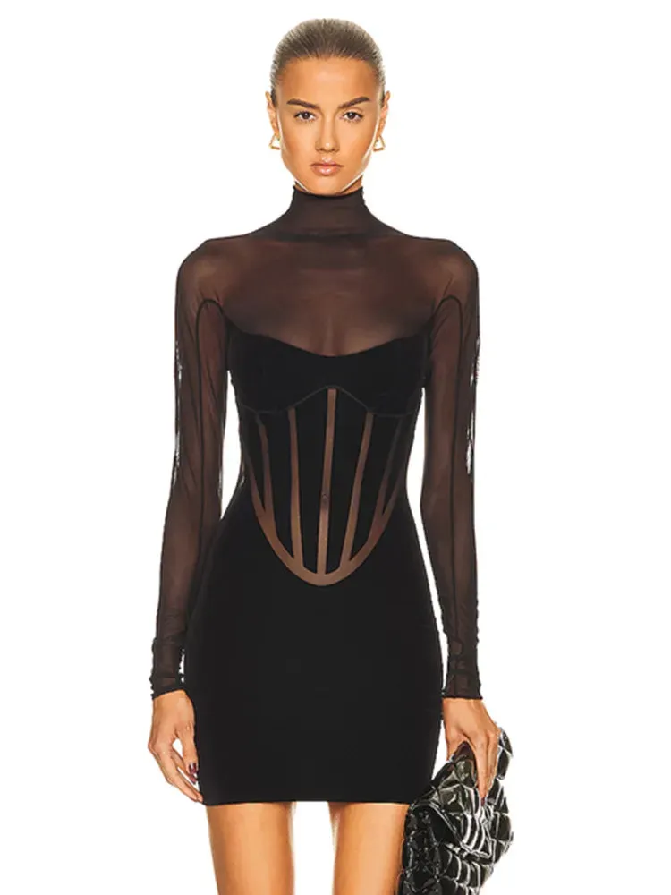 Boutique Fashion Women's Sexy Turtleneck Long Sleeve Mesh Black Mini Bodycon Bandage Dress Elegant Evening Club Party Dress