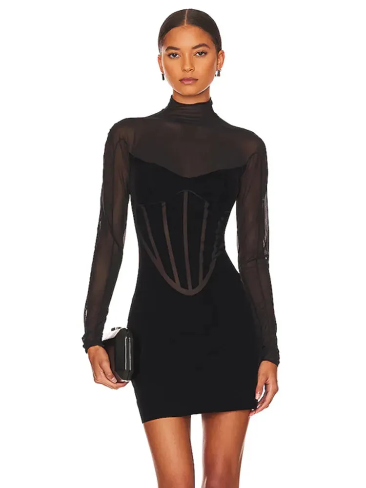 Boutique Fashion Women's Sexy Turtleneck Long Sleeve Mesh Black Mini Bodycon Bandage Dress Elegant Evening Club Party Dress