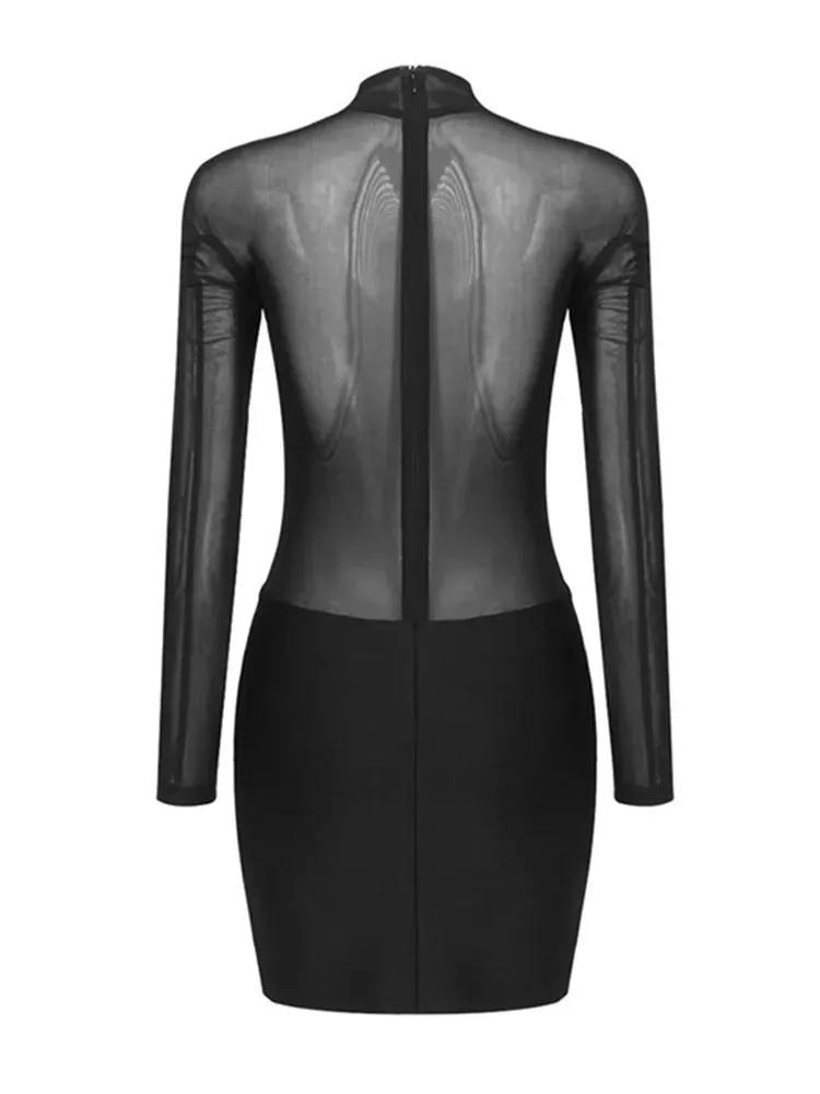 Boutique Fashion Women's Sexy Turtleneck Long Sleeve Mesh Black Mini Bodycon Bandage Dress Elegant Evening Club Party Dress