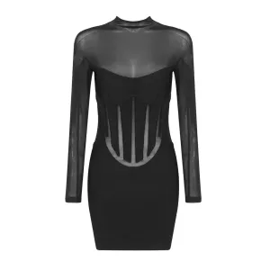 Boutique Fashion Women's Sexy Turtleneck Long Sleeve Mesh Black Mini Bodycon Bandage Dress Elegant Evening Club Party Dress