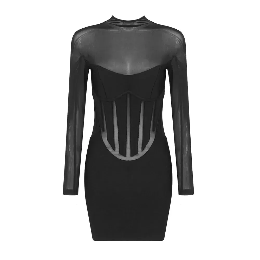 Boutique Fashion Women's Sexy Turtleneck Long Sleeve Mesh Black Mini Bodycon Bandage Dress Elegant Evening Club Party Dress