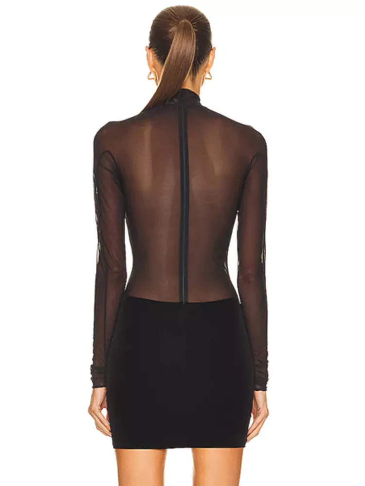 Boutique Fashion Women's Sexy Turtleneck Long Sleeve Mesh Black Mini Bodycon Bandage Dress Elegant Evening Club Party Dress