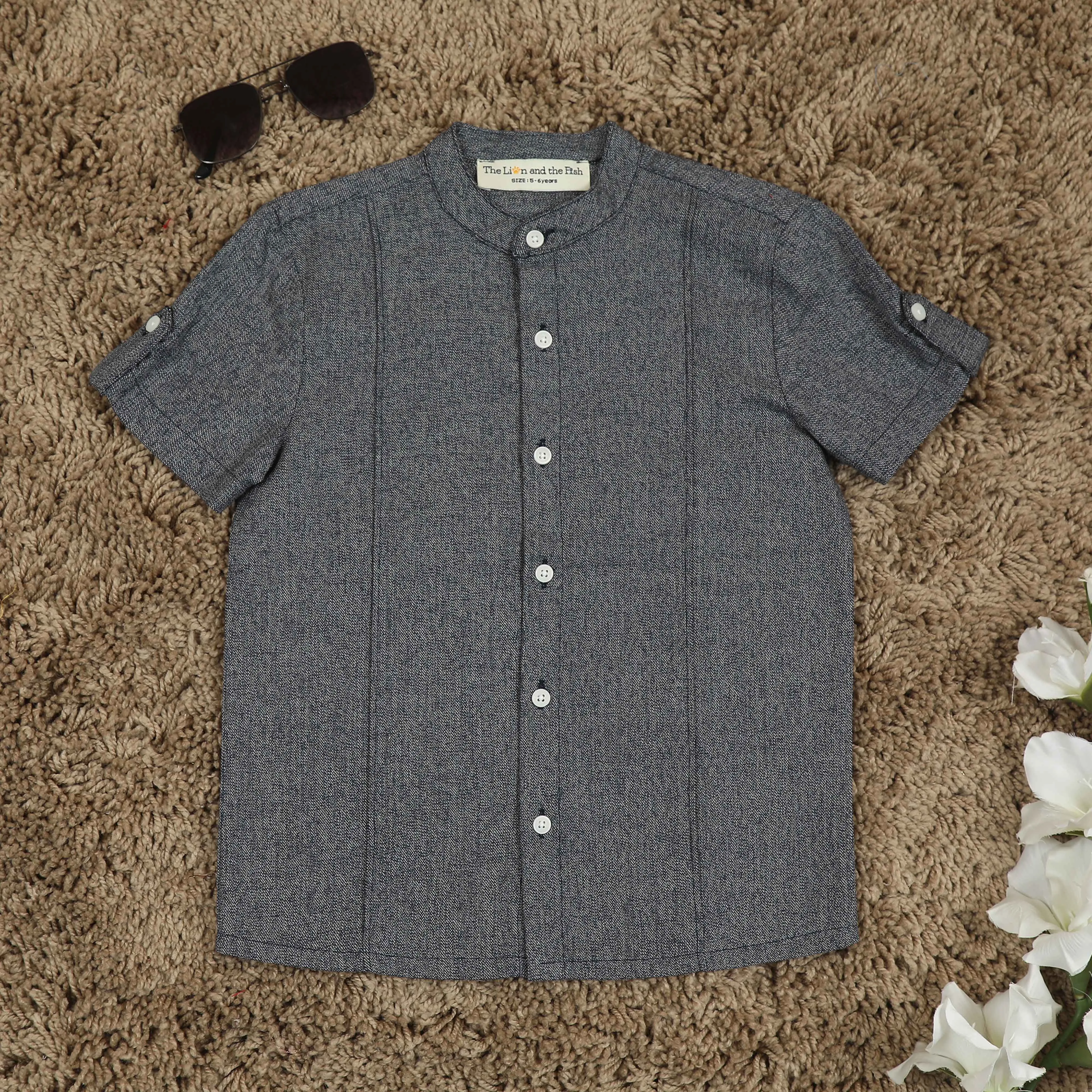Boys Mandarin Collar Sleeve Tab Shirt Shine Grey
