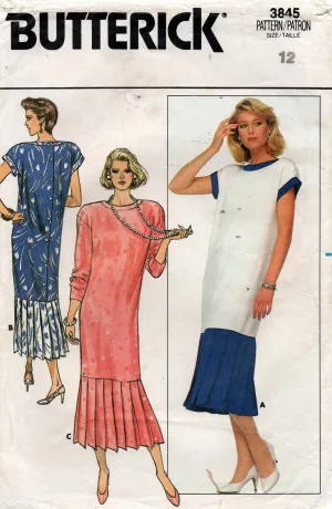 Butterick 3845 Womens Retro Drop Waist Dress with Pleated Skirt 1980s Vintage Sewing Pattern Size 12 Bust 34 inches