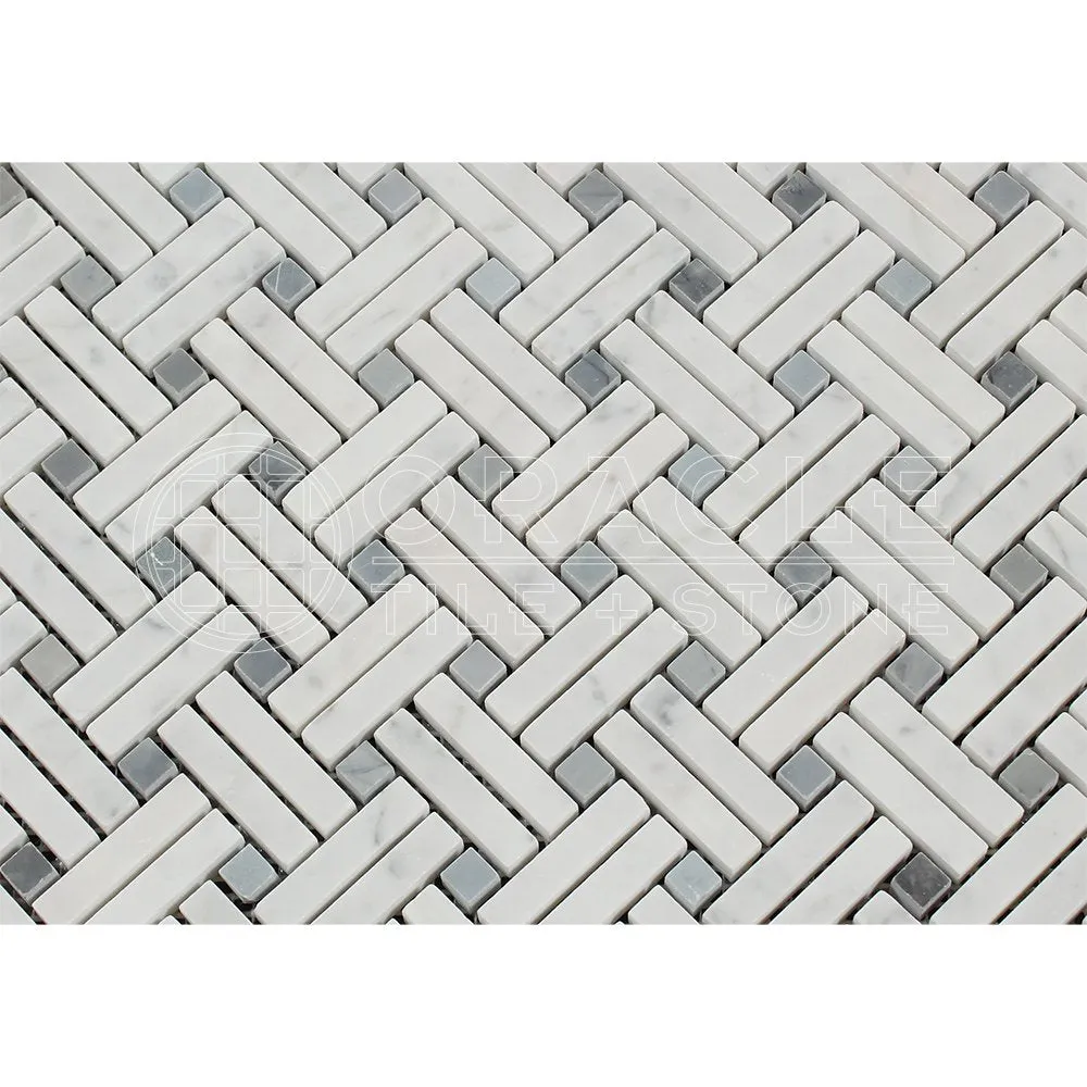 Carrara White Italian (Bianco Carrara) Marble Stanza Mosaic Tile (Blue & Gray Marble Dots, Polished)