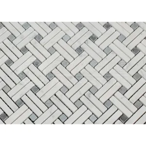 Carrara White Italian (Bianco Carrara) Marble Stanza Mosaic Tile (Blue & Gray Marble Dots, Polished)
